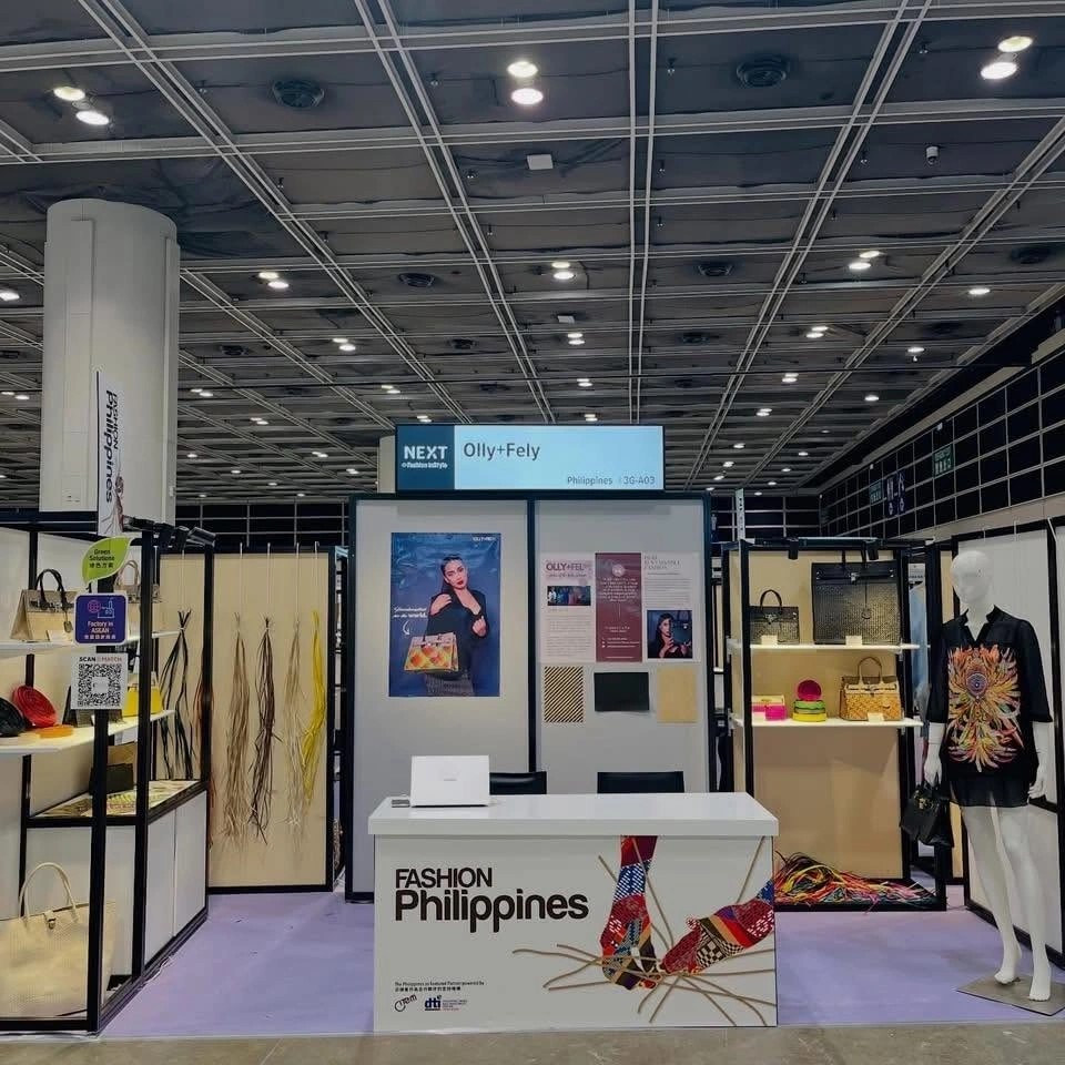 Handcrafted buri bags at a trade show